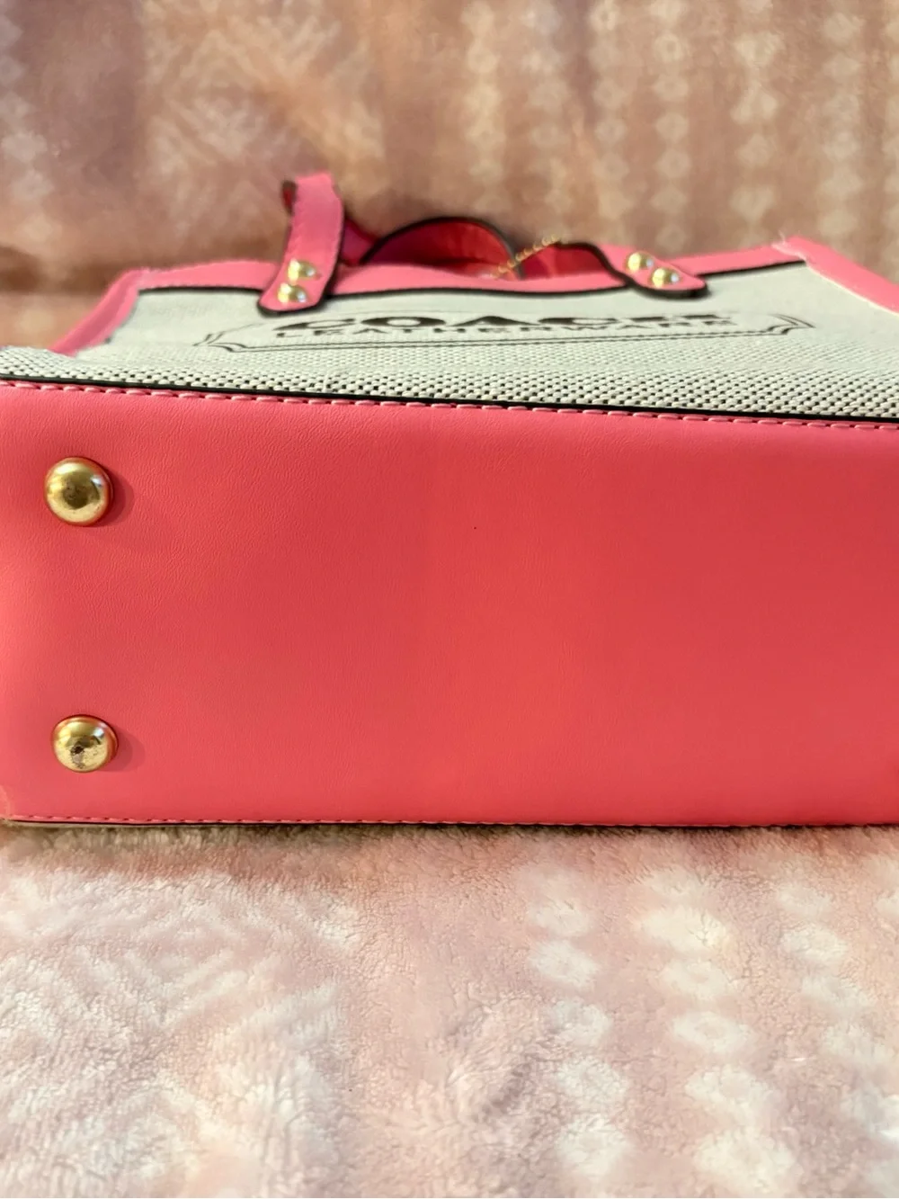 Pink Canvas & Leather Tote with Adjustable Strap